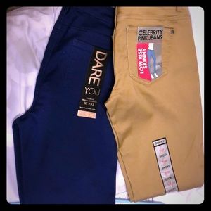 Pair of blue and pair of khaki jeans